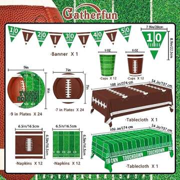 Gatherfun Football Party Supplies Kit Serve 24,Includes Dinner Plates, Dessert Napkins, Cups,Banner and Touchdown Tablecloth for Birthday Gameday Tailgate Decorations, Green (2023053002)