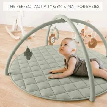 Beautiful Baby Play Gym and Tummy Time Mat - Soft Cotton Mat with 6 Cute Toys Creates The Perfect Activity Area for Your Girl/Boy - Stylish Infant Floor Playmat Fits Nicely with Any Playroom Decor