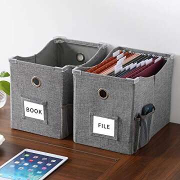 Shouldin Linen File Boxes 1-Pack with Metal Sliding Rail For Letter Size File Storage Box with Extra Pocket Storage Collapsible Hanging File Organizer Storage Filing Box File Organizer Bin (1, GREY)
