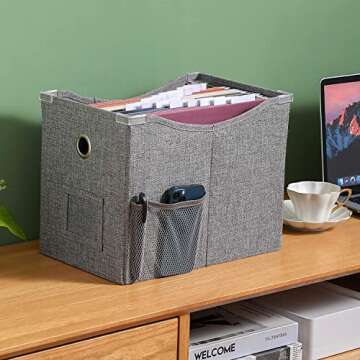 Shouldin Linen File Boxes 1-Pack with Metal Sliding Rail For Letter Size File Storage Box with Extra Pocket Storage Collapsible Hanging File Organizer Storage Filing Box File Organizer Bin (1, GREY)