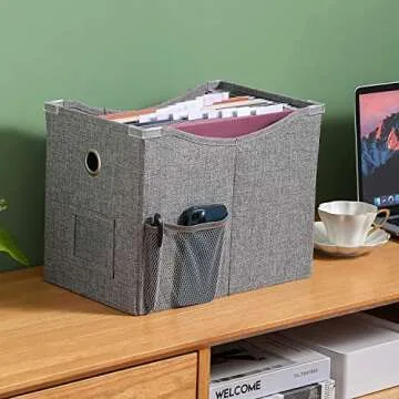 Shouldin Linen File Boxes 1-Pack with Metal Sliding Rail For Letter Size File Storage Box with Extra Pocket Storage Collapsible Hanging File Organizer Storage Filing Box File Organizer Bin (1, GREY)
