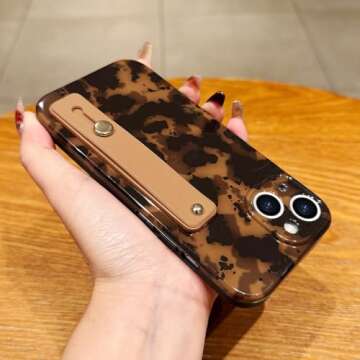 Stylish LAPOPNUT iPhone 15 Leopard Case with Wrist Strap