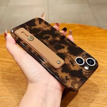 Stylish LAPOPNUT iPhone 15 Leopard Case with Wrist Strap