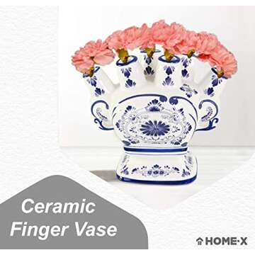 HOME-X Unique Ceramic Flower Vase, 6 Port Bud Vase, Ceramic 6 Finger Bud Vase, Traditional Design Va...