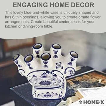 HOME-X Unique Ceramic Flower Vase, 6 Port Bud Vase, Ceramic 6 Finger Bud Vase, Traditional Design Vase, White and Blue