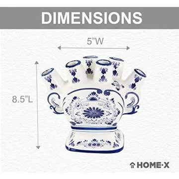 HOME-X Unique Ceramic Flower Vase, 6 Port Bud Vase, Ceramic 6 Finger Bud Vase, Traditional Design Vase, White and Blue