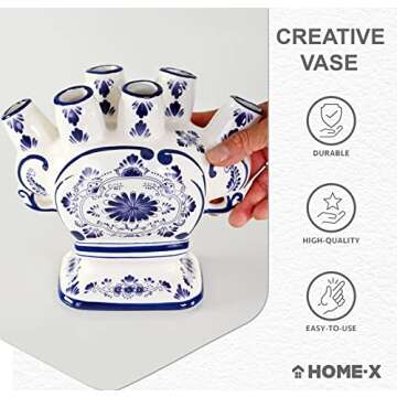 HOME-X Unique Ceramic Flower Vase, 6 Port Bud Vase, Ceramic 6 Finger Bud Vase, Traditional Design Vase, White and Blue