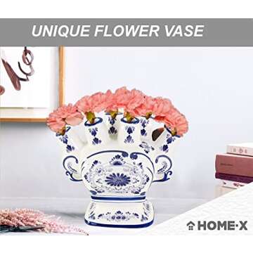 HOME-X Unique Ceramic Flower Vase, 6 Port Bud Vase, Ceramic 6 Finger Bud Vase, Traditional Design Vase, White and Blue