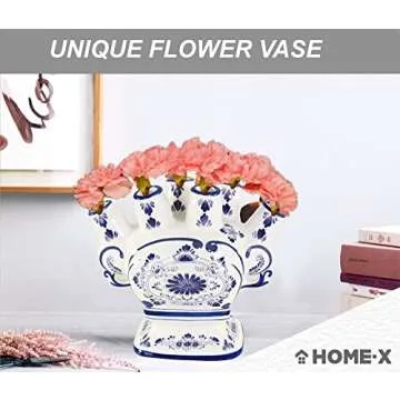 HOME-X Unique Ceramic Flower Vase, 6 Port Bud Vase, Ceramic 6 Finger Bud Vase, Traditional Design Vase, White and Blue