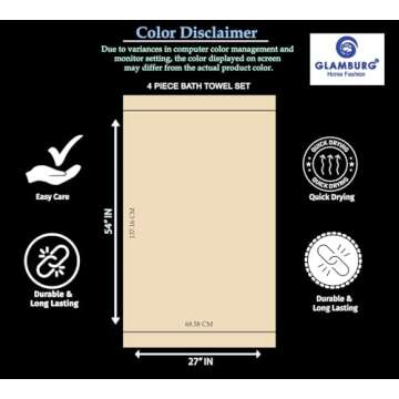 GLAMBURG Premium Cotton 4 Pack Bath Towel Set - 100% Pure Cotton - 4 Bath Towels 27x54 - Ideal for Everyday use - Ultra Soft & Highly Absorbent - Black