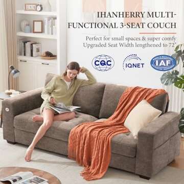 Ihanherry Modern Sofas 3-Seats Couches for Living Room, Chenille Sofas with Extra Large Seat Width & Depth, USB/Type-C Charging Port & Side Pocket, Removable Medium Firm Sofa Cushion(89inch, Brown)