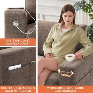 Ihanherry Modern Sofas 3-Seats Couches for Living Room, Chenille Sofas with Extra Large Seat Width & Depth, USB/Type-C Charging Port & Side Pocket, Removable Medium Firm Sofa Cushion(89inch, Brown)