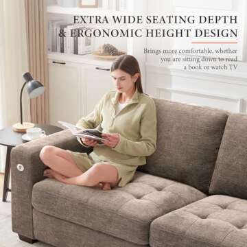 Ihanherry Modern Sofas 3-Seats Couches for Living Room, Chenille Sofas with Extra Large Seat Width & Depth, USB/Type-C Charging Port & Side Pocket, Removable Medium Firm Sofa Cushion(89inch, Brown)