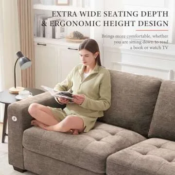 Ihanherry Modern Sofas 3-Seats Couches for Living Room, Chenille Sofas with Extra Large Seat Width & Depth, USB/Type-C Charging Port & Side Pocket, Removable Medium Firm Sofa Cushion(89inch, Brown)