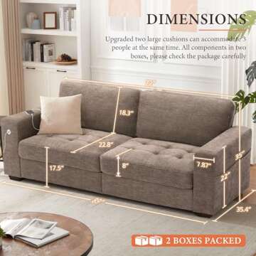 Ihanherry Modern Sofas 3-Seats Couches for Living Room, Chenille Sofas with Extra Large Seat Width & Depth, USB/Type-C Charging Port & Side Pocket, Removable Medium Firm Sofa Cushion(89inch, Brown)