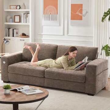 Ihanherry Modern Sofas 3-Seats Couches for Living Room, Chenille Sofas with Extra Large Seat Width & Depth, USB/Type-C Charging Port & Side Pocket, Removable Medium Firm Sofa Cushion(89inch, Brown)