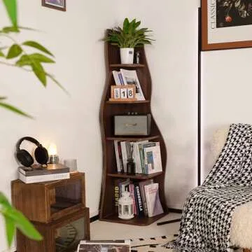 YOWOS Vintage Wood 5-Tier Tall Corner Bookshelf, Brown