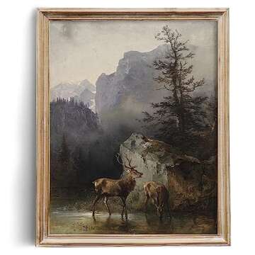 Farmhouse Landscape Forest Pictures Bedroom - Art Deco Wall Art for Kitchen - 11 x 14 Art Prints- Rustic Vintage Decor for Living Room - Antique French Poster - Deer National Park Mountain Forest Lake