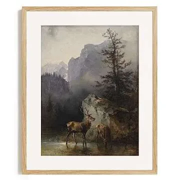 Farmhouse Landscape Forest Pictures Bedroom - Art Deco Wall Art for Kitchen - 11 x 14 Art Prints- Rustic Vintage Decor for Living Room - Antique French Poster - Deer National Park Mountain Forest Lake