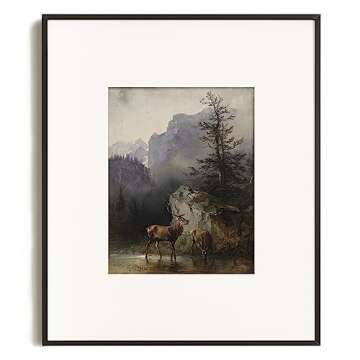 Farmhouse Landscape Forest Pictures Bedroom - Art Deco Wall Art for Kitchen - 11 x 14 Art Prints- Rustic Vintage Decor for Living Room - Antique French Poster - Deer National Park Mountain Forest Lake