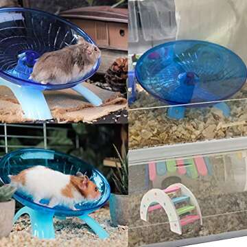 2 Pack Dwarf Hamster Flying Saucer Exercise Wheel Toy & Wood Rat Bridge Rainbow Climb-ABS Plastic Running & Jogging Silent Spinner-for Small Mouse Hedgehog Mice Cage