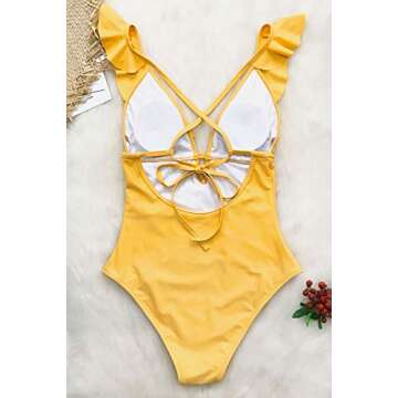 CUPSHE Women's One Piece Swimsuit Ruffle Deep V Neck Strappy Swimwear Bathing Suits Yellow S