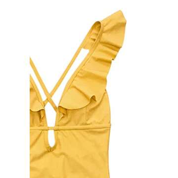 CUPSHE Women's One Piece Swimsuit Ruffle Deep V Neck Strappy Swimwear Bathing Suits Yellow S