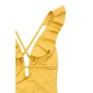 CUPSHE Women's One Piece Swimsuit Ruffle Deep V Neck Strappy Swimwear Bathing Suits Yellow S