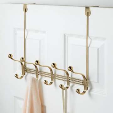 mDesign Decorative Closet Over Door or Wall Mount 10 Hook Metal Storage Organizer Rack for Coats, Hoodies, Hats, Scarves, Purses, Leashes, Bath Towels, Robes - Hyde Collection - Soft Brass