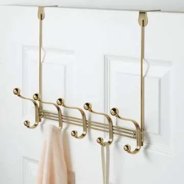 mDesign Decorative Closet Over Door or Wall Mount 10 Hook Metal Storage Organizer Rack for Coats, Hoodies, Hats, Scarves, Purses, Leashes, Bath Towels, Robes - Hyde Collection - Soft Brass