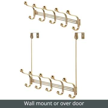 mDesign Decorative Closet Over Door or Wall Mount 10 Hook Metal Storage Organizer Rack for Coats, Hoodies, Hats, Scarves, Purses, Leashes, Bath Towels, Robes - Hyde Collection - Soft Brass