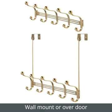 mDesign Decorative Closet Over Door or Wall Mount 10 Hook Metal Storage Organizer Rack for Coats, Hoodies, Hats, Scarves, Purses, Leashes, Bath Towels, Robes - Hyde Collection - Soft Brass
