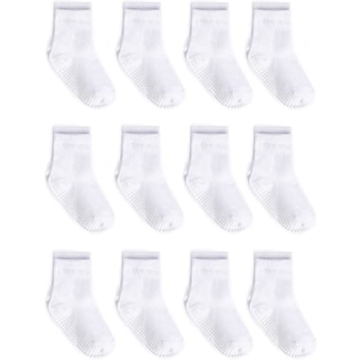 ZAPLES Baby Non Slip Grip Crew Socks for Infants Toddlers Kids, White, 12-36 Months