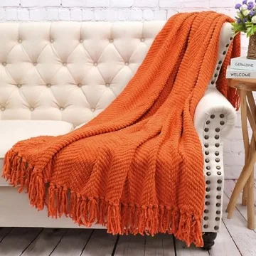 Burnt Orange Knitted Tweed Throw Blanket - Cozy & Stylish