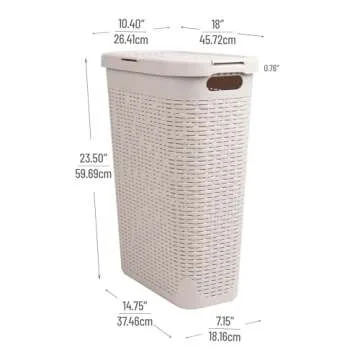 Mind Reader 40L Slim Laundry Hamper, Clothes Basket, Lid, Wicker Design, Plastic, 18"L x 10.4"W x 23.5"H, Ivory