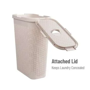 Mind Reader 40L Slim Laundry Hamper, Clothes Basket, Lid, Wicker Design, Plastic, 18"L x 10.4"W x 23.5"H, Ivory