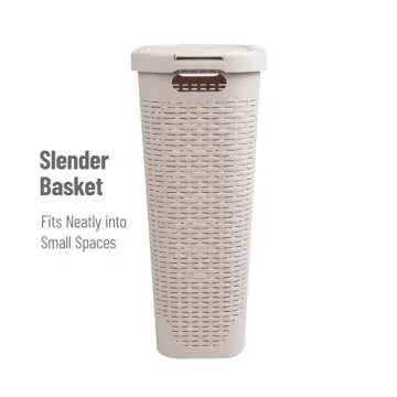 Mind Reader 40L Slim Laundry Hamper, Clothes Basket, Lid, Wicker Design, Plastic, 18"L x 10.4"W x 23.5"H, Ivory