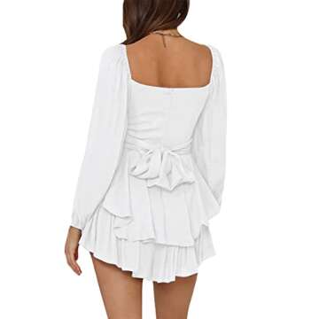 LYANER Women's Jumpsuit Lantern Long Sleeve Ruffle Layer Tie Mini Short Romper Solid White Small