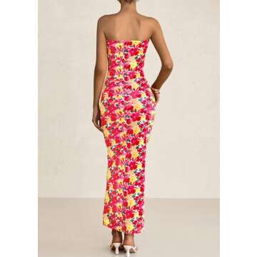 PRETTYGARDEN Womens Summer Printed Tube Maxi Dress Strapless Bodycon Sleeveless Night Out Long Dresses (Floral Red Yellow,Small)