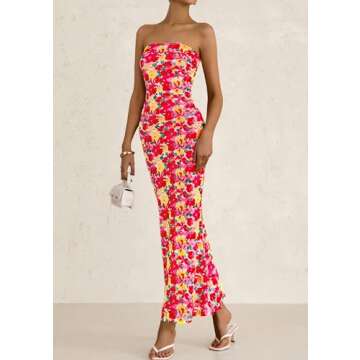 PRETTYGARDEN Womens Summer Printed Tube Maxi Dress Strapless Bodycon Sleeveless Night Out Long Dresses (Floral Red Yellow,Small)
