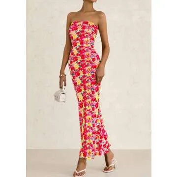 PRETTYGARDEN Womens Summer Printed Tube Maxi Dress Strapless Bodycon Sleeveless Night Out Long Dresses (Floral Red Yellow,Small)