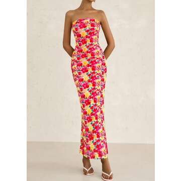 PRETTYGARDEN Womens Summer Printed Tube Maxi Dress Strapless Bodycon Sleeveless Night Out Long Dresses (Floral Red Yellow,Small)