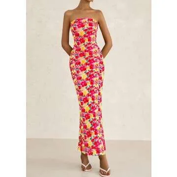 PRETTYGARDEN Womens Summer Printed Tube Maxi Dress Strapless Bodycon Sleeveless Night Out Long Dresses (Floral Red Yellow,Small)