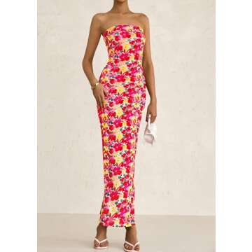 PRETTYGARDEN Womens Summer Printed Tube Maxi Dress Strapless Bodycon Sleeveless Night Out Long Dresses (Floral Red Yellow,Small)