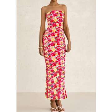 PRETTYGARDEN Womens Summer Printed Tube Maxi Dress Strapless Bodycon Sleeveless Night Out Long Dresses (Floral Red Yellow,Small)