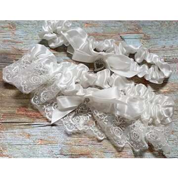 White Wedding Garter Set Garters with Bow Tie CZ Charm One Size Fits All Lace Rustic Classic