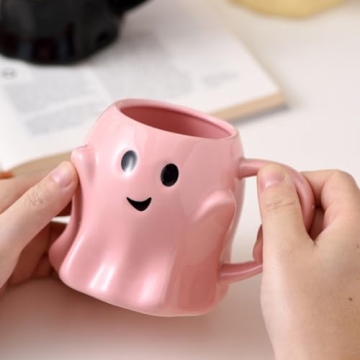 GKWW 14oz Halloween Ghost Mug Cute Ceramic Ghost Coffee Mug Adorable Ghost Elf Decoration Spooky Ghost Ghostface Mug Coffee Cup for Adults Kids Women(Pink)
