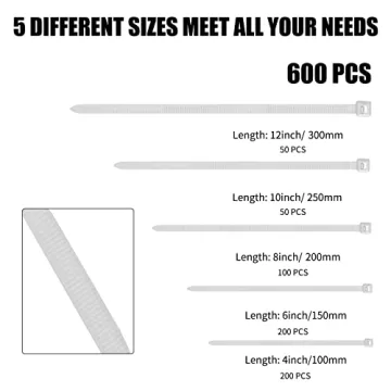 Durable 600 Piece Nylon Cable Zip Ties Set