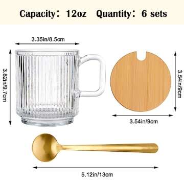 Moretoes 12oz Vintage Coffee Mugs, 6pcs Coffee Glass Mugs, Classic Vertical Stripes Coffee Cups, Aesthetic Cups Cute Drinking Glasses, Iced Coffee Cup