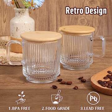 Moretoes 12oz Vintage Coffee Mugs, 6pcs Coffee Glass Mugs, Classic Vertical Stripes Coffee Cups, Aesthetic Cups Cute Drinking Glasses, Iced Coffee Cup